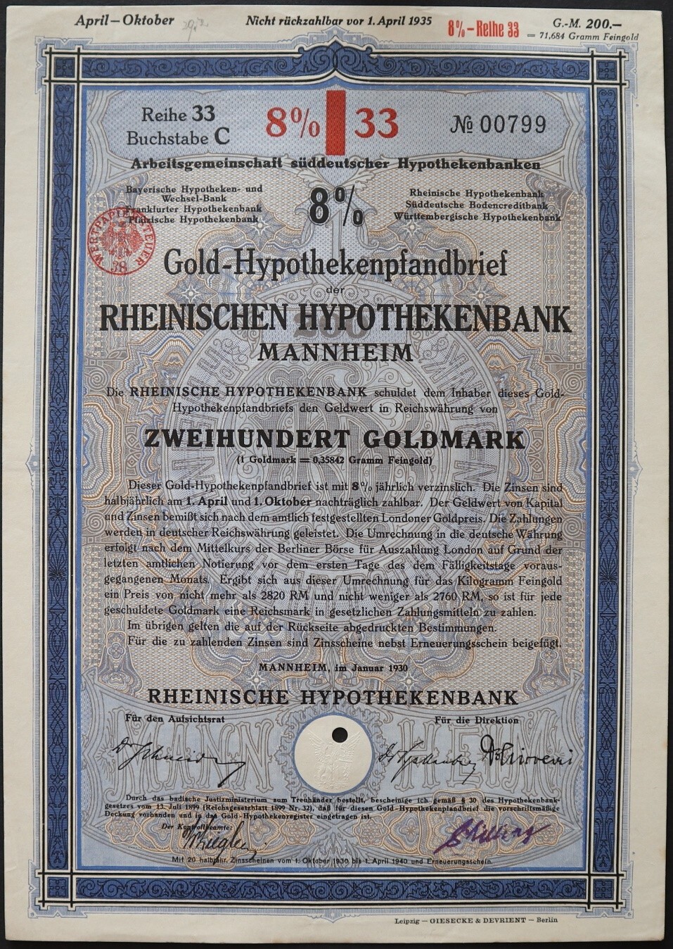 200 Goldmark 1930 - Series: 00799 - MANNHEIM-RHEINISCHEN BANK Loan Bond - "Y133