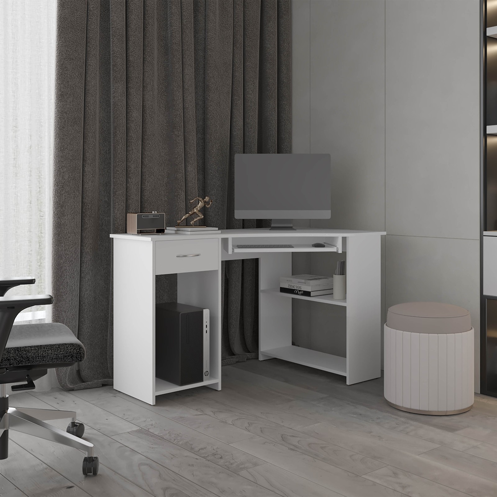 Corner Desk 29.5" H, 2 Drawers, 3 Shelves, White - Office