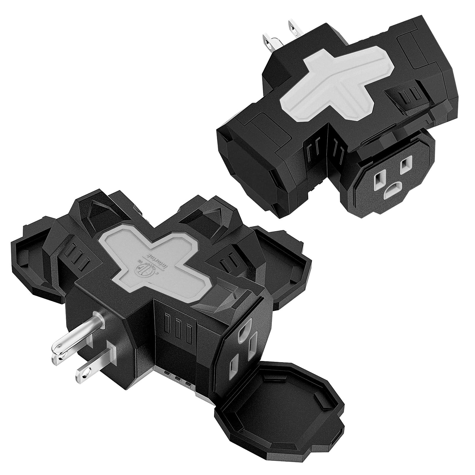 Heavy Duty 3 Way Power Outlet Adapter Indoor Outdoor ETL Listed 2 Pack Black