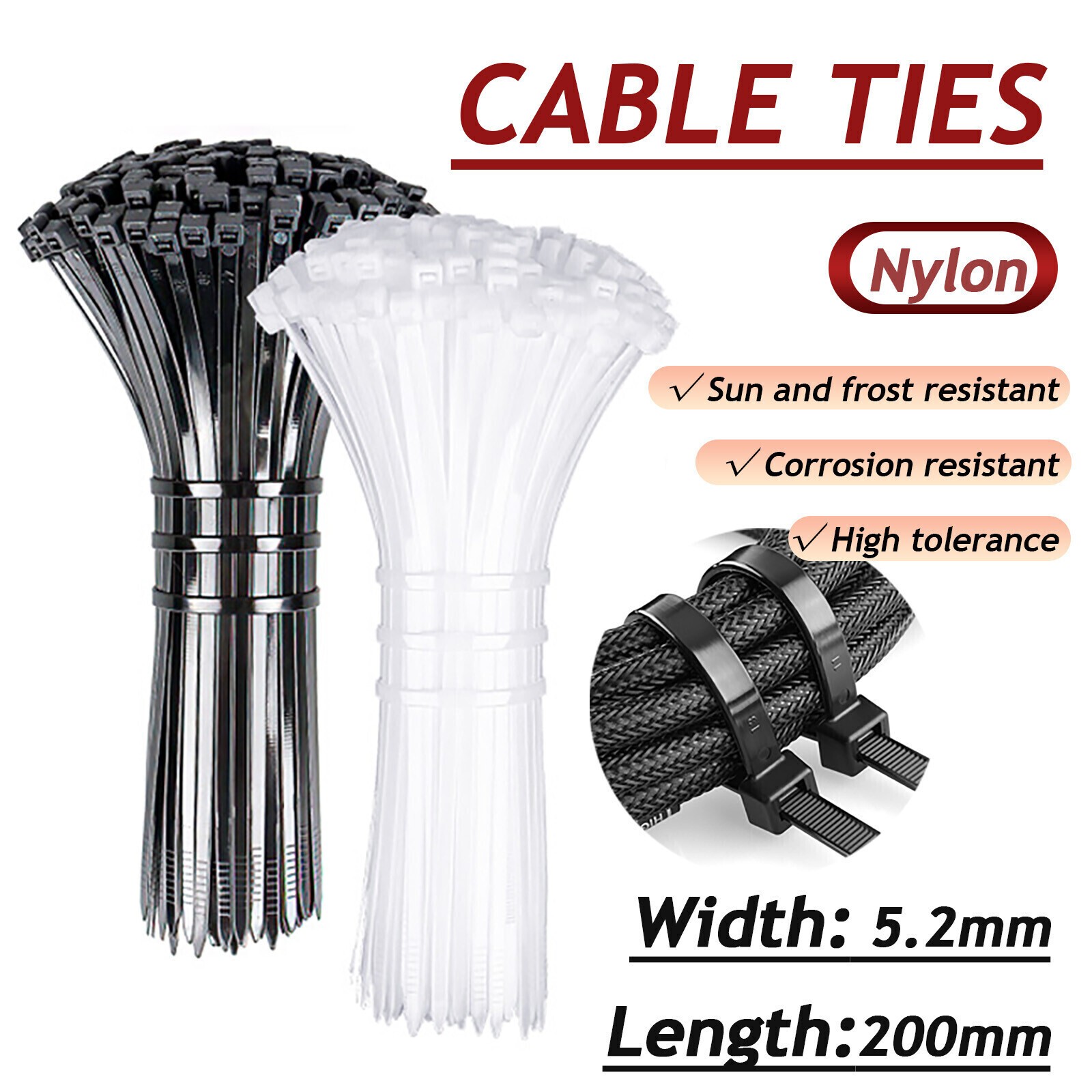 Resistan  Nylon Cable Ties Zip Ties Wraps Strong - Best Quality - Black/White