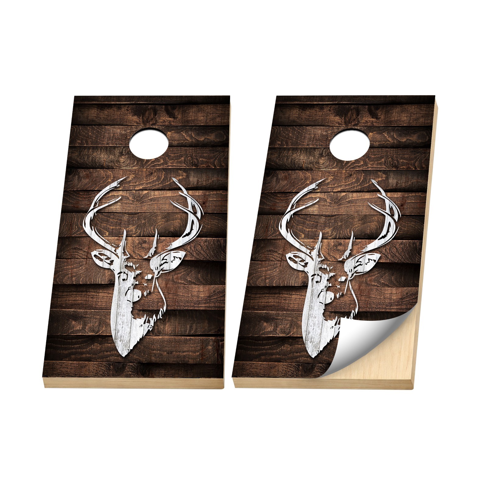 Premium Cornhole Vinyl Wraps - 3M Decal - Hunting - Rustic Wood Deer Antlers