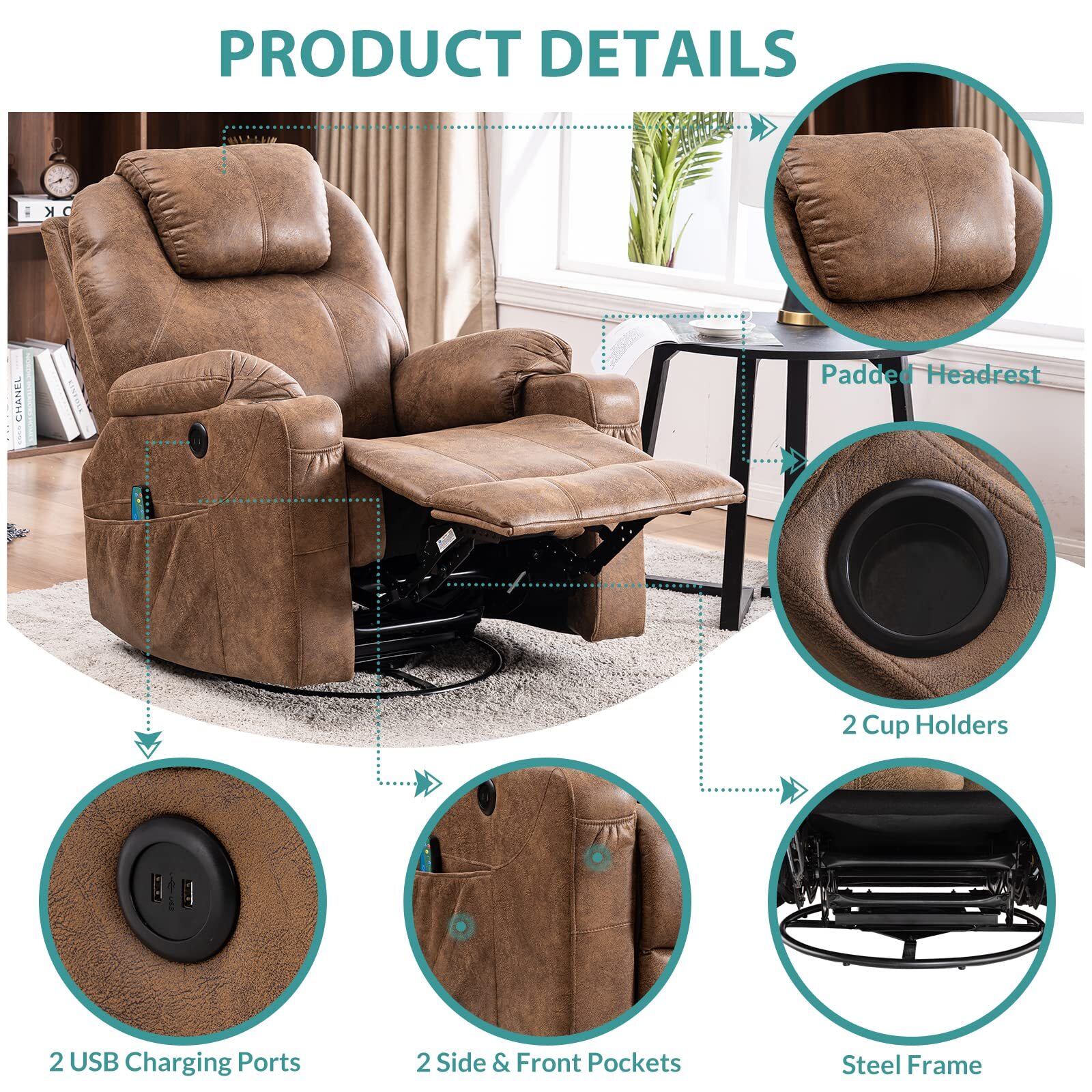 Massage Recliner Chair Swivel Rocker Glider Heated Rocking Recliner W/ USB Ports