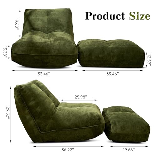 Bean Bag Chair with Ottoman, Comfy Bean Bag Sofa with Memory Foam, Lazy Green