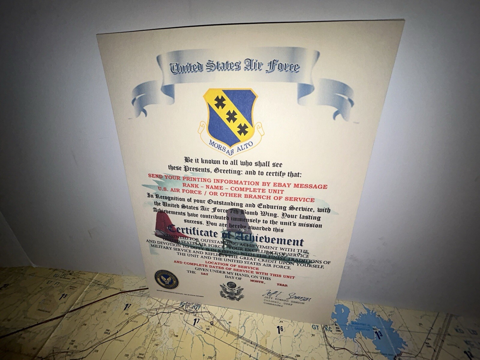 U.S.A.F. / AIR FORCE 7TH BOMB WING - CERTIFICATE OF ACHIEVEMENT