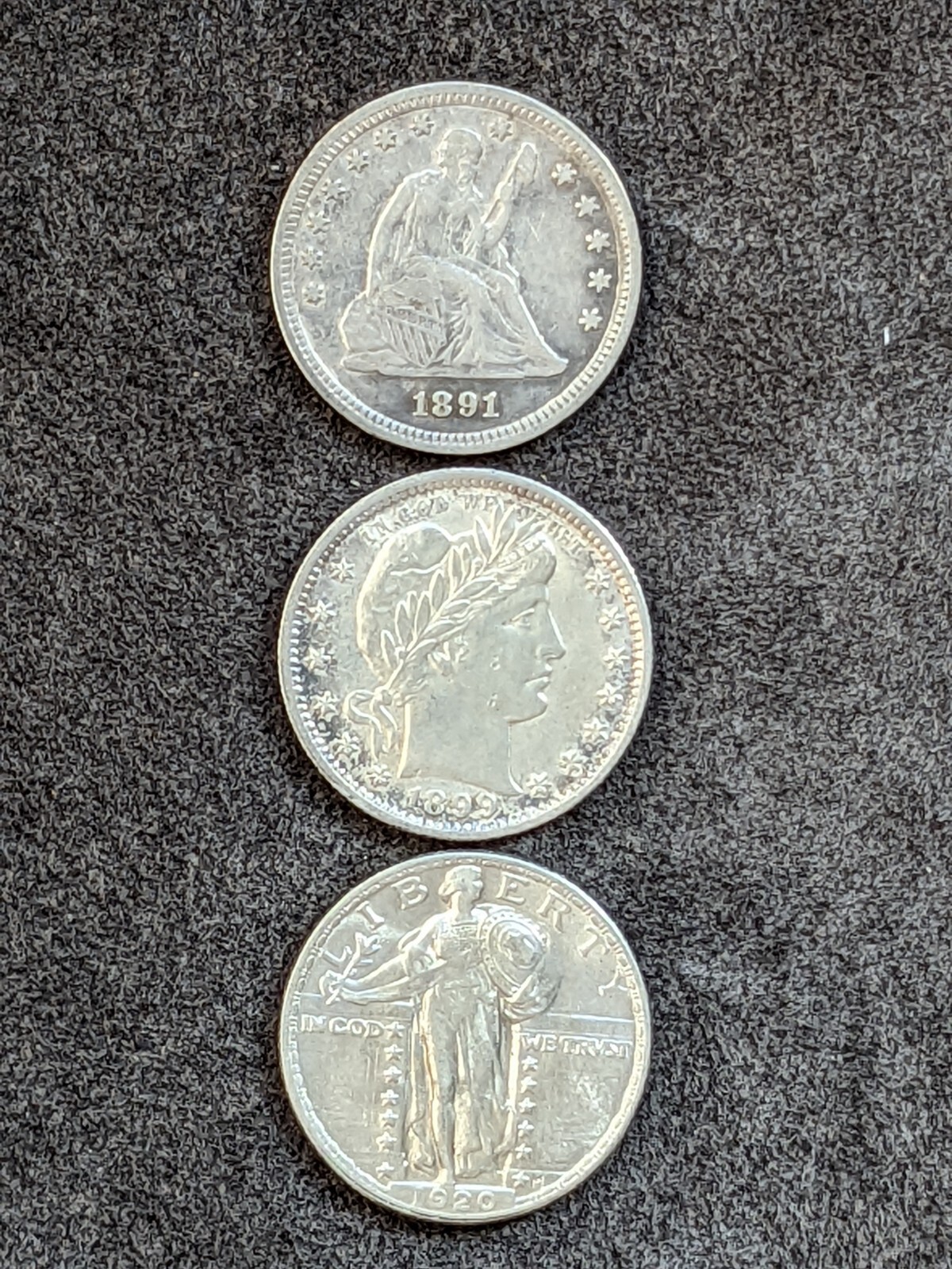 1891 Seated Liberty, 1899 Barber and 1920 Standing Liberty Quarters, High Grades