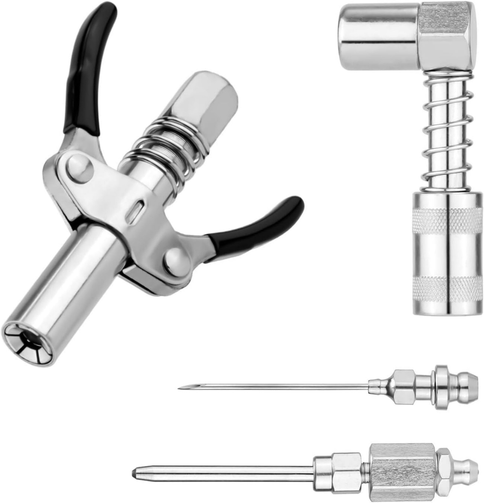4Pcs Carbon Steel Grease Gun Kit, 90° Adapter, Double Handle Coupler, Needle Tip