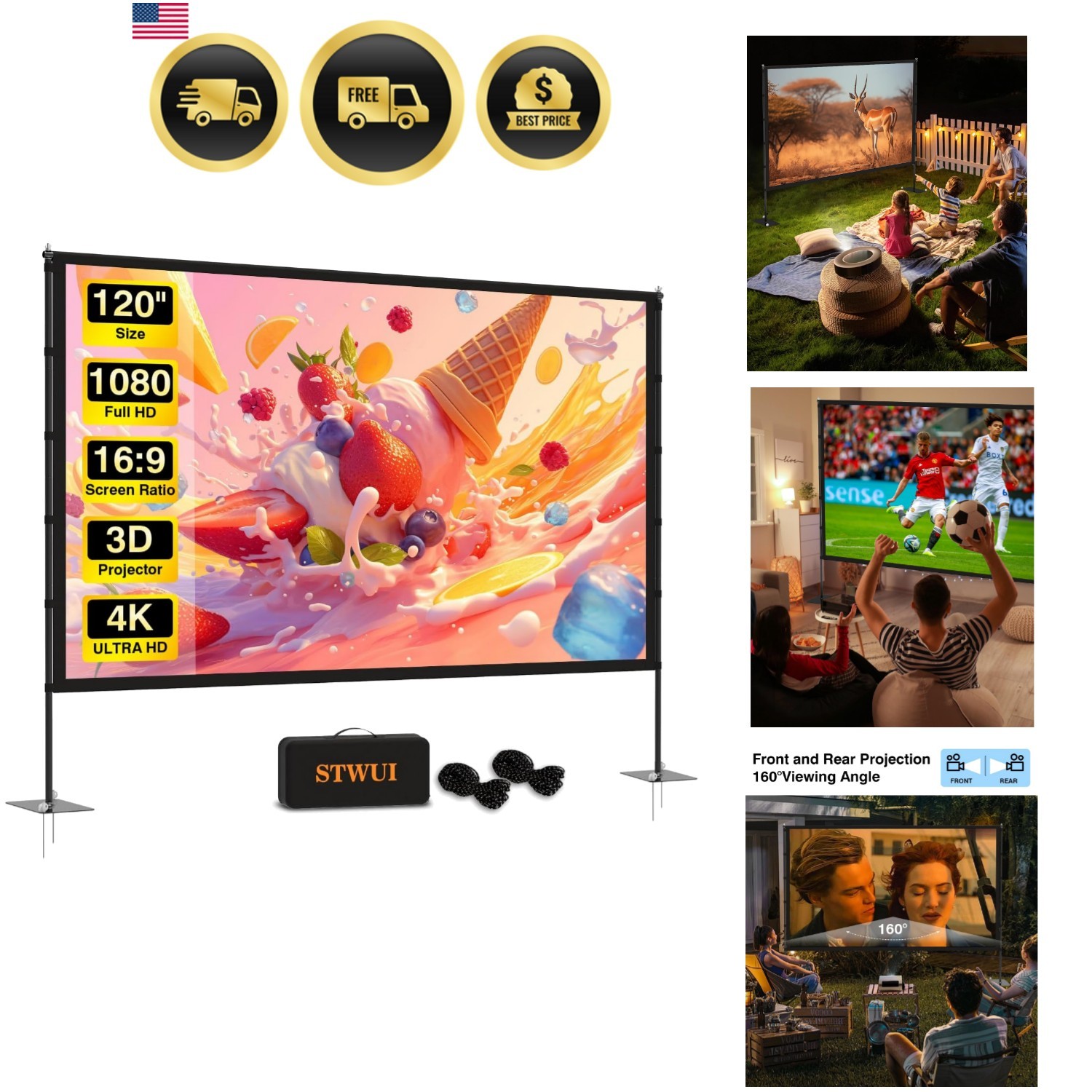 Portable Projector Screen 120 Inch Outdoor Indoor Movie Screen 16 9 4K HD