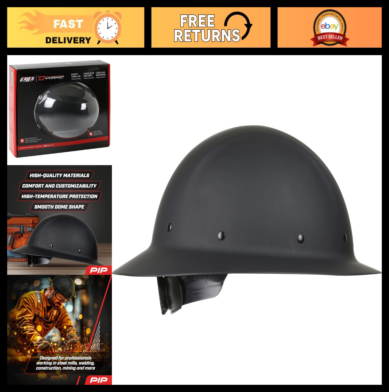 Fiberglass Full Brim Hard Hat with Wheel Ratchet - Adjustable Safety Helmet