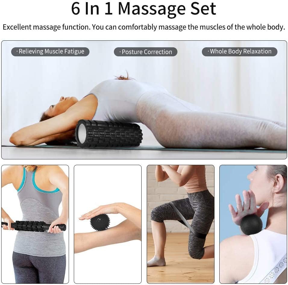 Aucuu 6 in 1 Foam Roller Set Includes Hollow Core Massage Roller, Yoga Black
