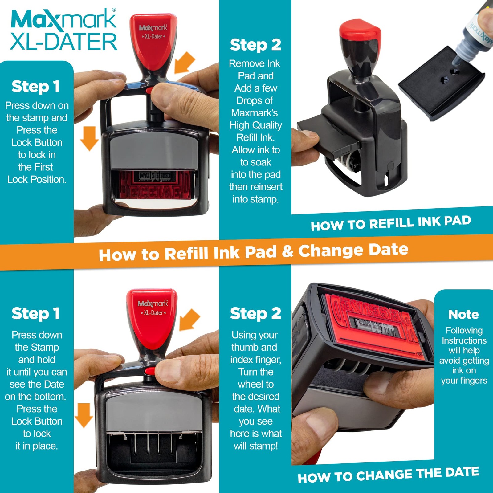 MaxMark Heavy Duty Style 3 Date Stamp Paid Self Inking Red Ink Office