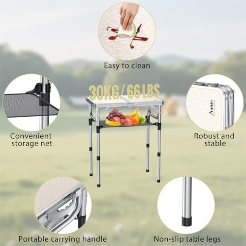 Folding Camping Table, Aluminum 24" x 16" Adjustable Height Small Silver