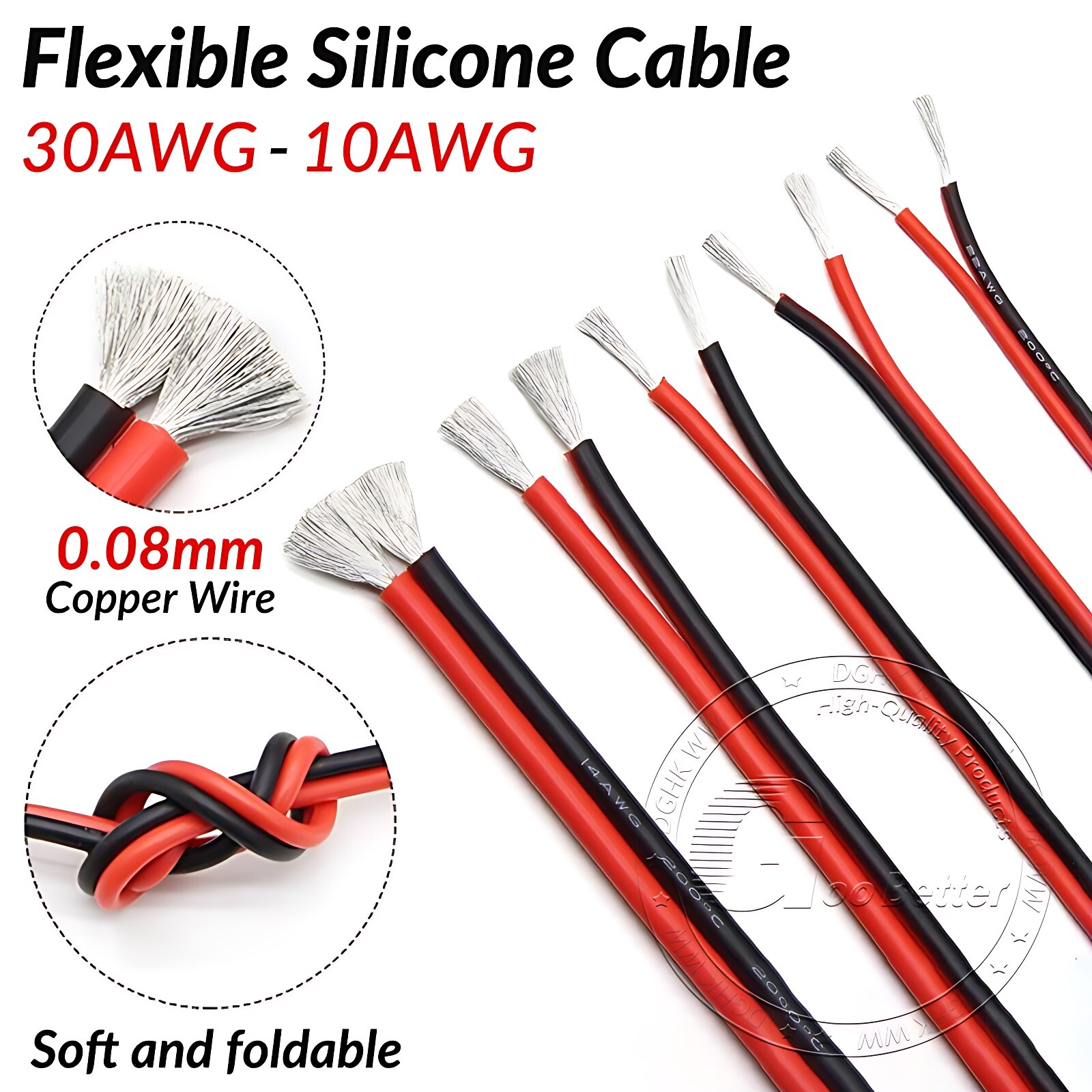 2-Core Twin Flexible Silicone Cable 10/12/14/16/18/20/24/26/30 AWG Wire 200°C