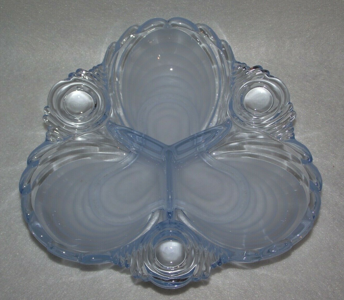 Frosted clear blue 7.5" divided scalloped edge candy nut bowl serving dish ~T