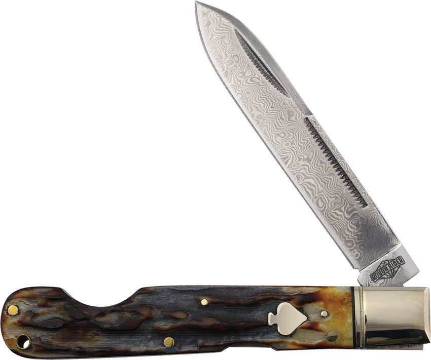 Rough Rider Lockback Cinnamon Bone Damascu RR2524 Damascus Folding Knife