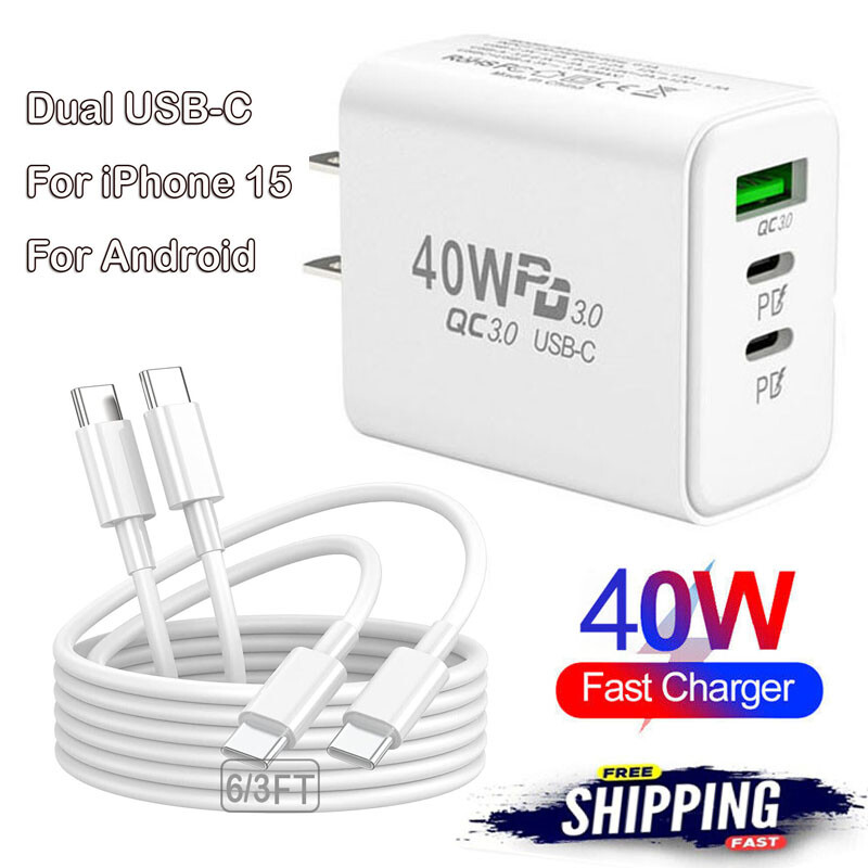 For iPhone 15 Pro Max iPad Fast Charger 40W Double PD USB C Adapter Type C Cable