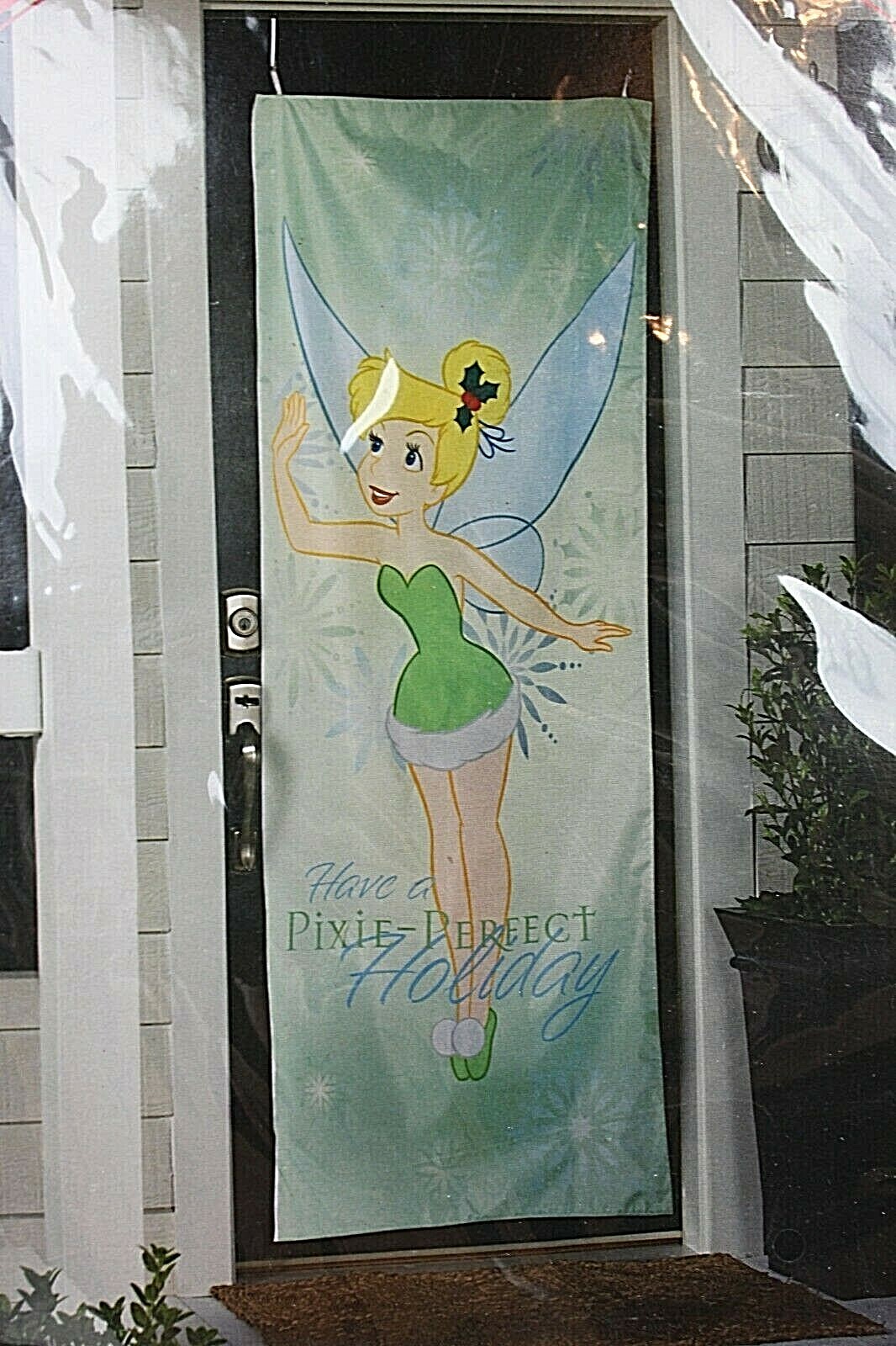 Disney Tinkerbell Pixie Perfect Holiday Christmas Nylon Door Cover 29" x 69" NEW