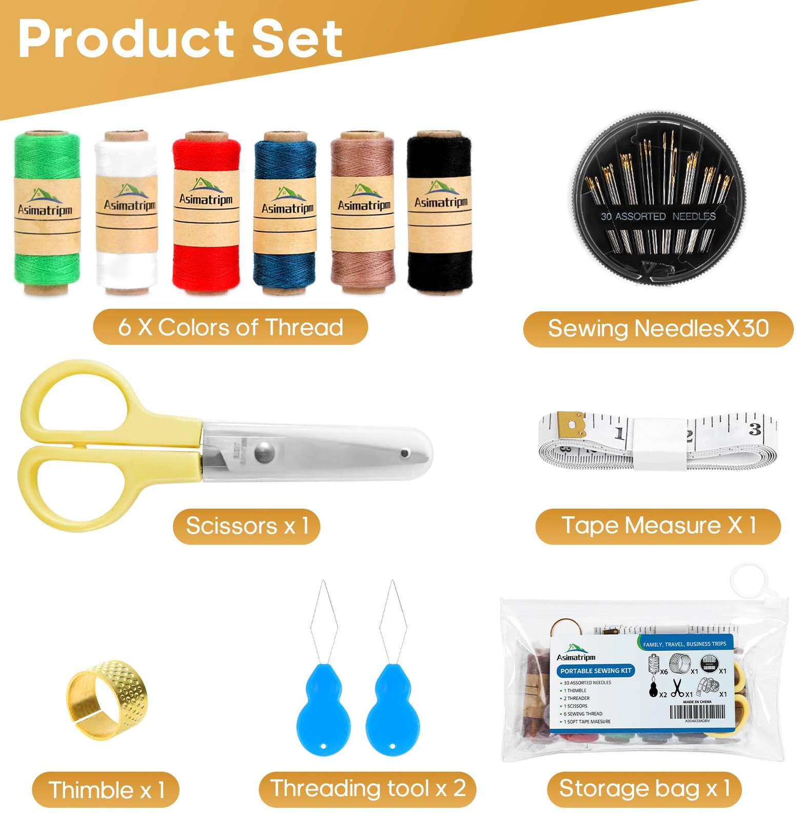 Asimatripm Sewing Kit, Supplies, white, black, green, red, blue, khaki