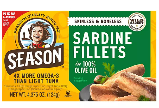 Sardines Skinless, Boneless Season Brand in Olive Oil, 4.375 oz. (FREE SHIPPING)