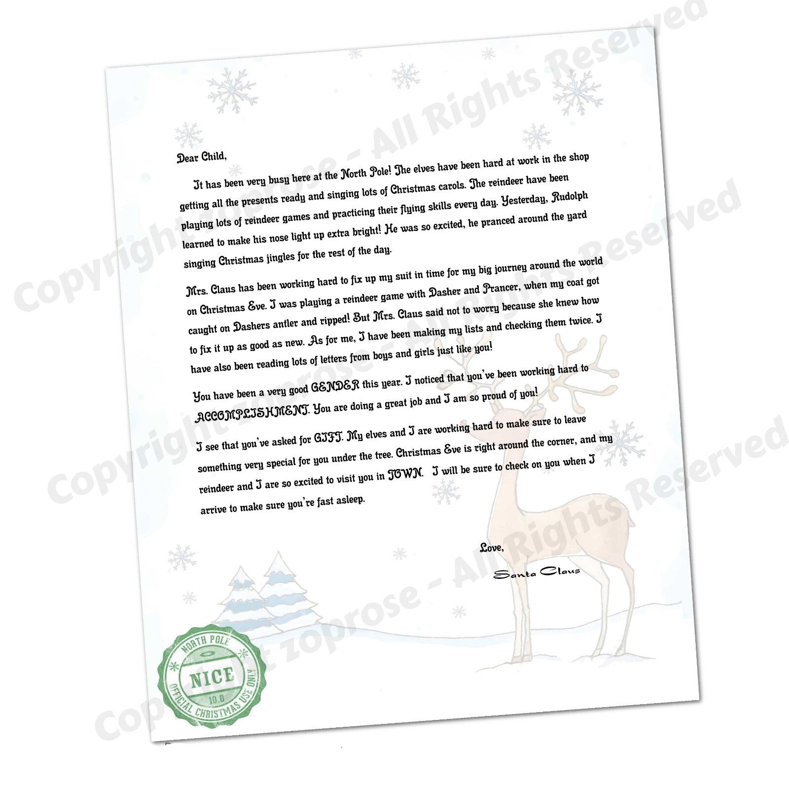 Personalized Letter from Santa Claus - Snowy Reindeer - Christmas - Printable