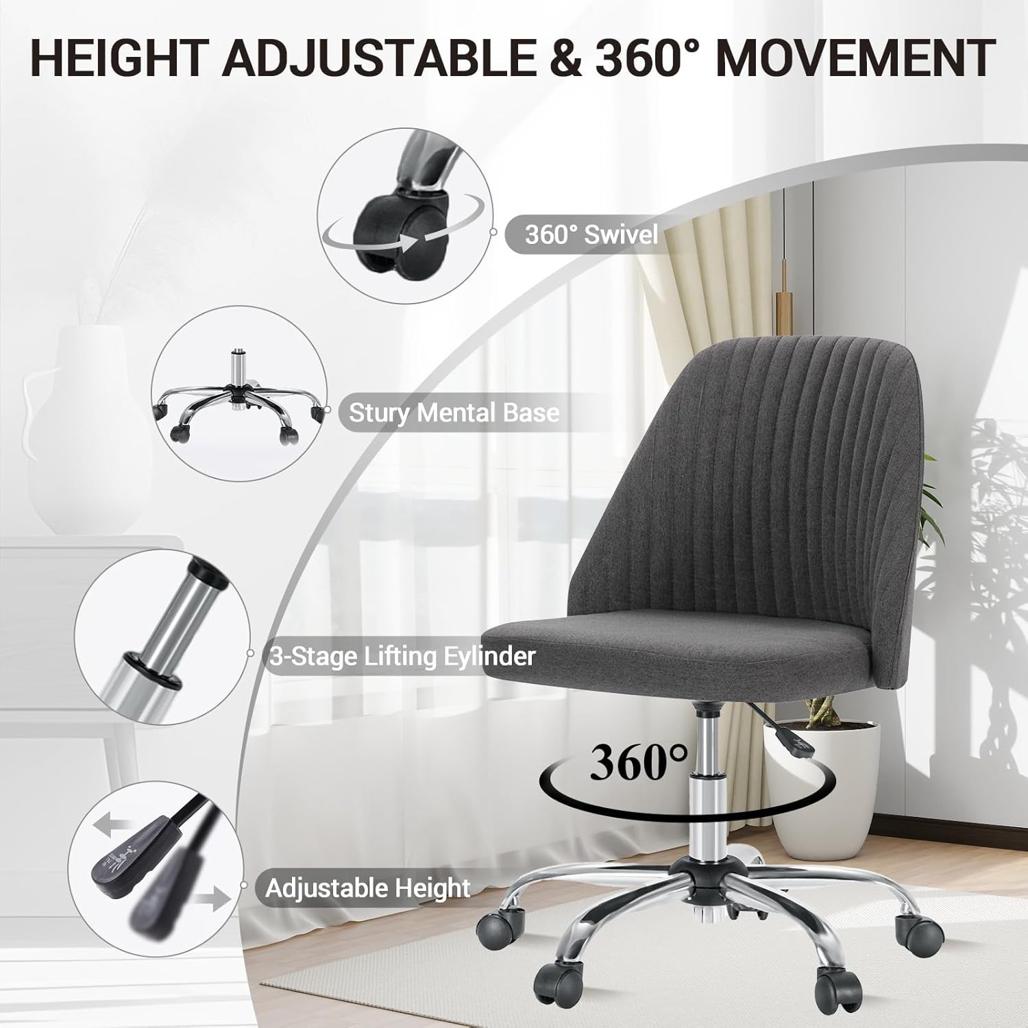 Armless Office Chair Cute Desk Chair Fabric Home Office Desk Chairs with Wheels