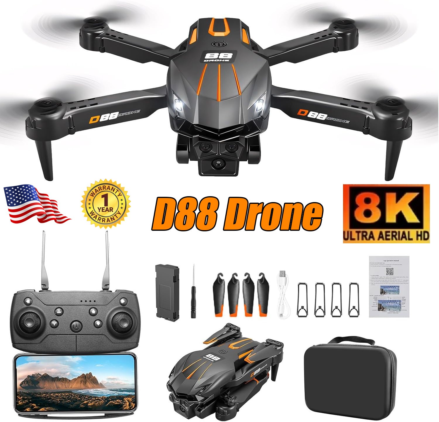 2026 D88 Drone 8K HD Dual Camera FPV RC Foldable Quadcopter + 5 Batteries`