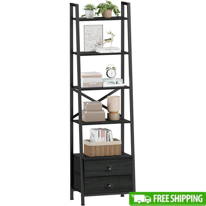 5 Tier Industrial Ladder Bookshelf W/ 2 Removable Drawers Home Storage Decor New