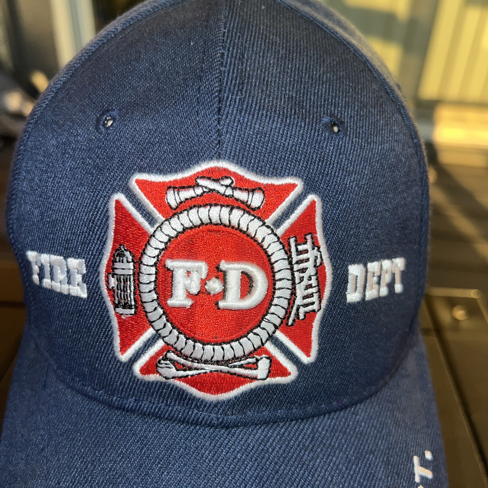 FD Fire Dept Red White logo Patch on Navy Hat Cap Hook Loop Fire Dept on Bill