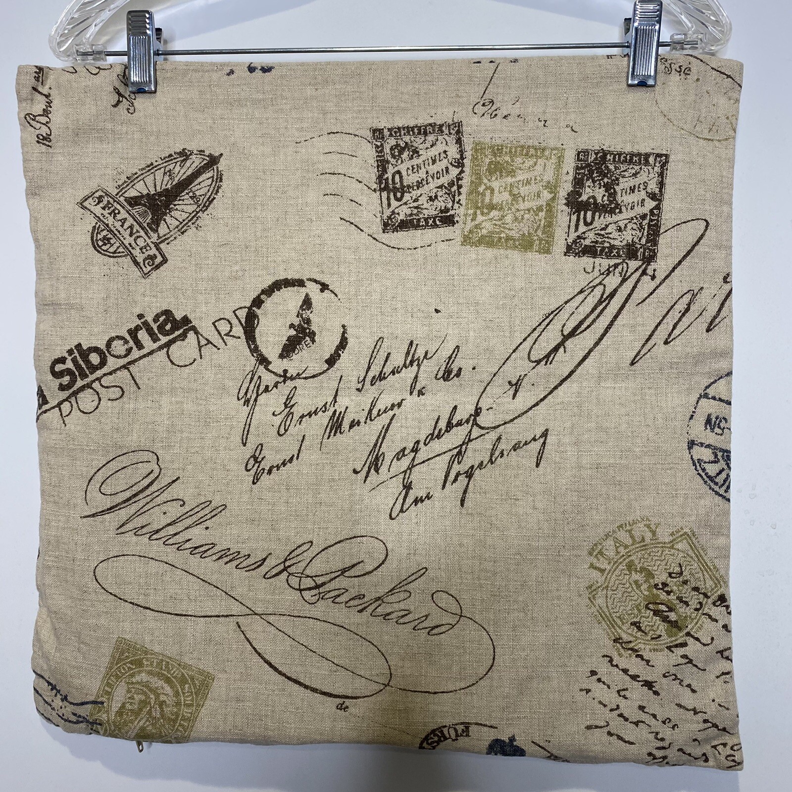 Postage Stamp Post Card Pillow Cover Sham France Italy Beige Brown Zip Closure