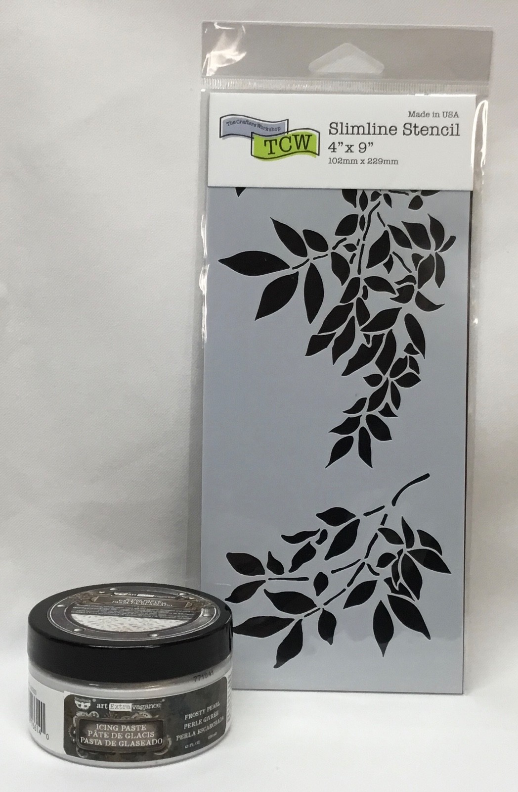 Finnabair Art Extrav Icing Paste FROSTY PEARL/TCW Slimline Stencil Gentle Leaves