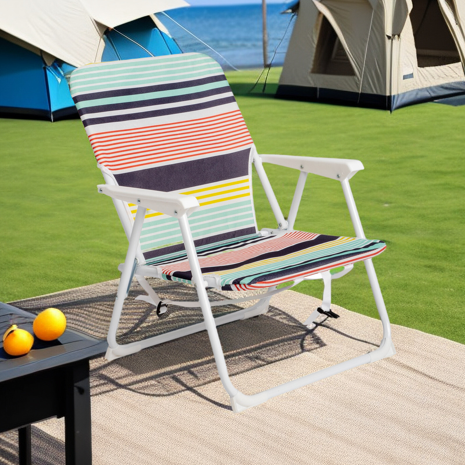 Folding Beach Chair - Fabric, White Metal Frame, Lightweight & Multicolor