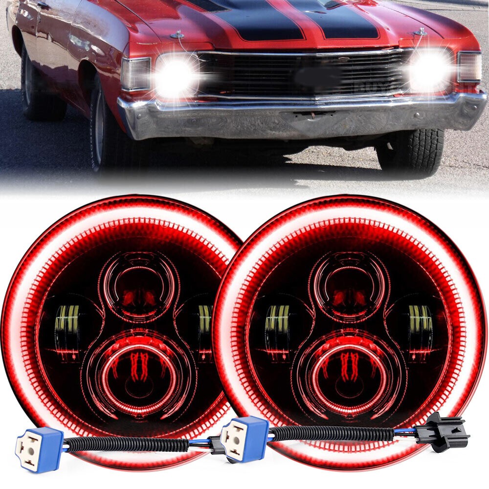 Pair 7INCH Round LED Red Halo Headlights HI/LO Fit Chevy Chevelle 1971 1972 1973