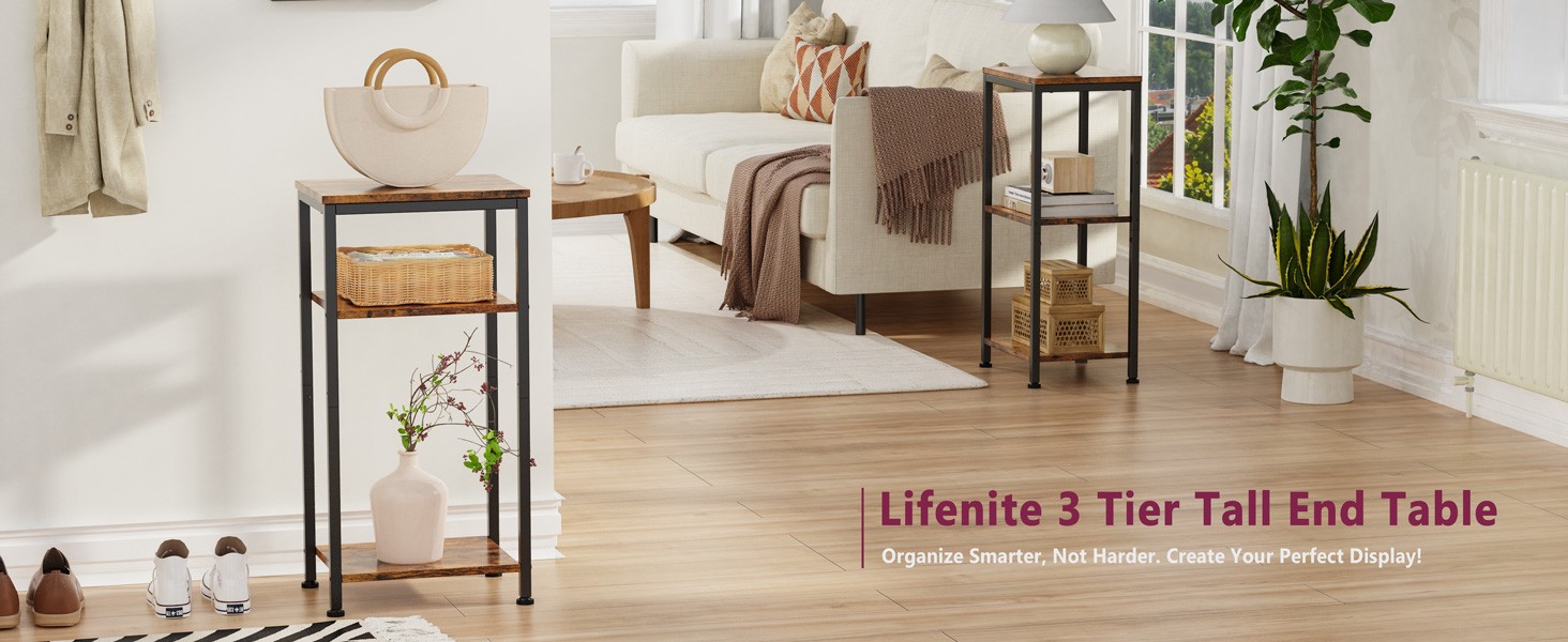 3 Tier End Table, Tall Nightstand for Small Spaces, Tall Side Table with