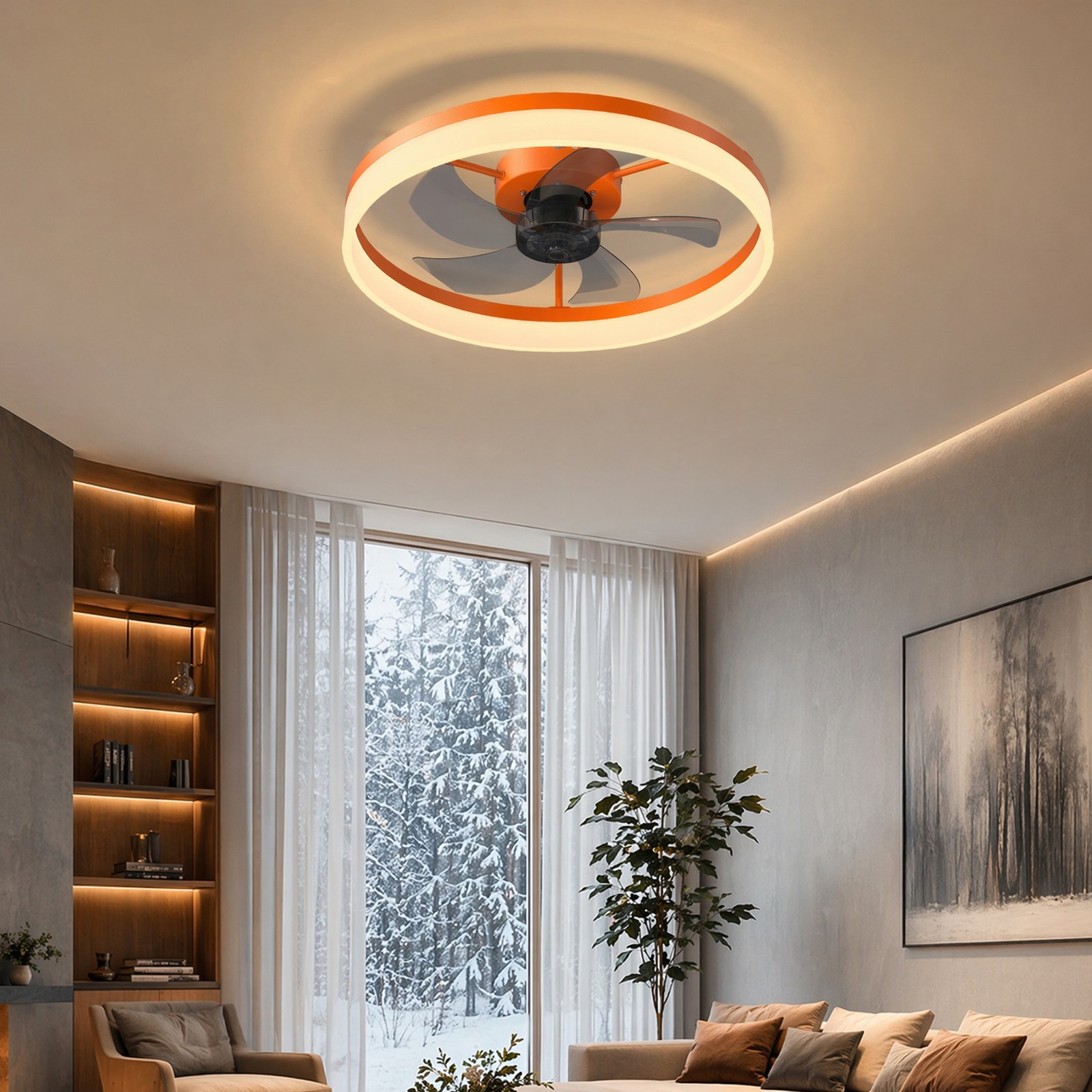 20 inch Flush Mount Orange Modern LED Ceiling Fan Remote APP Control with Light