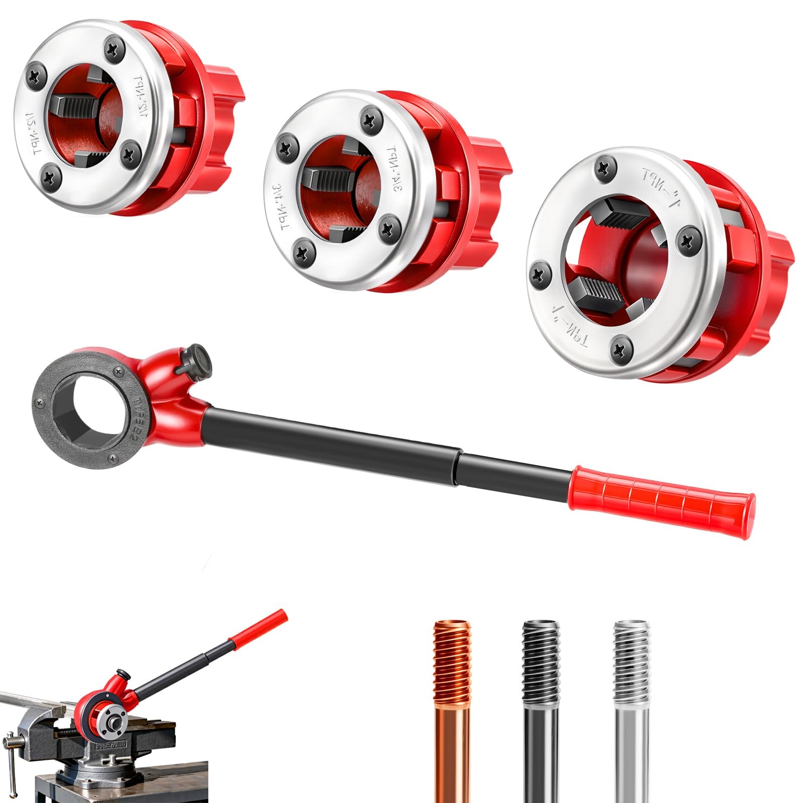 Ratchet Pipe Threader Kit with 3 Dies (1/2" 3/4" 1" NPT) and Storage Case, Ef...