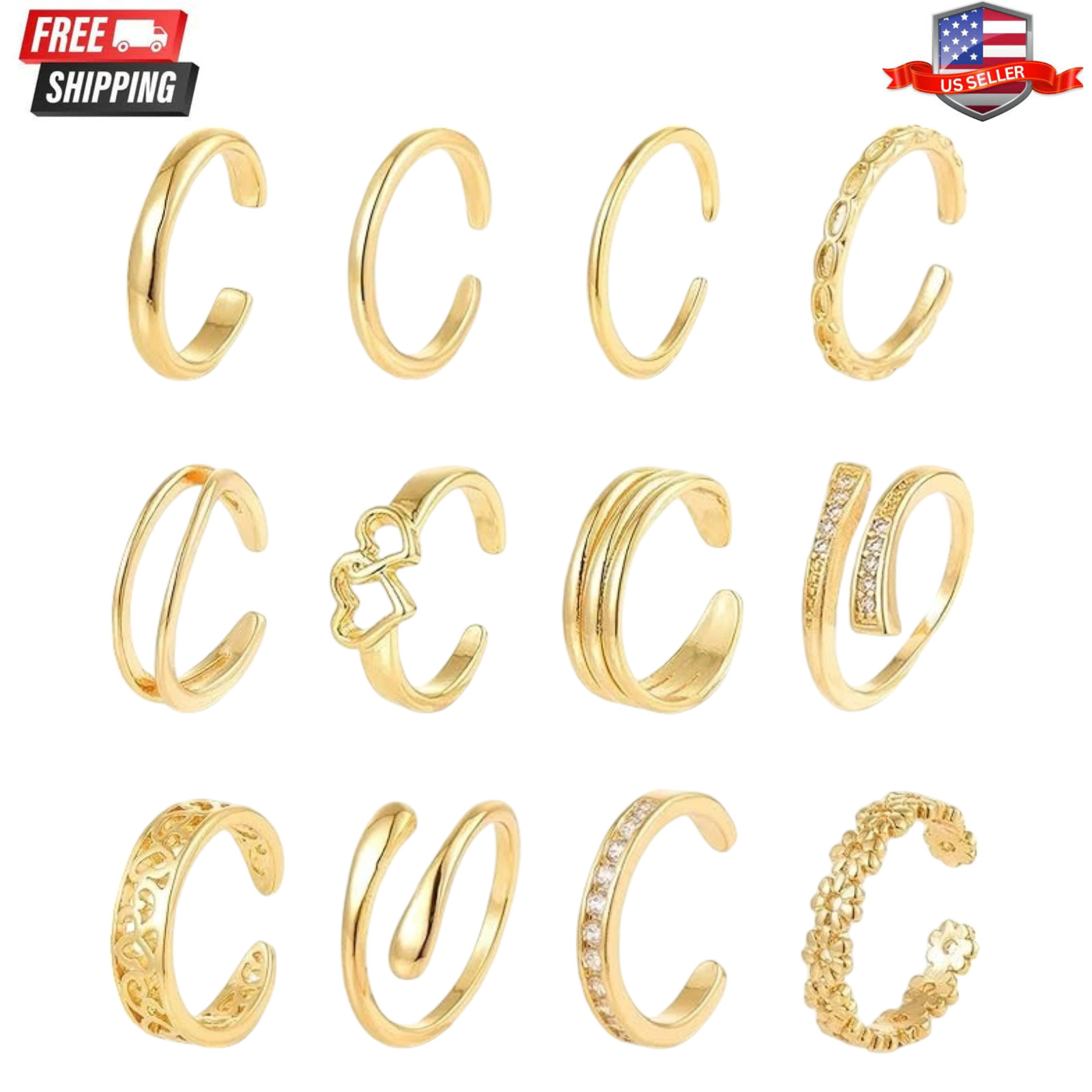 12Pcs 14K Gold Filled Toe Rings Adjustable Toe Rings Summer Beach Foot Jewelry