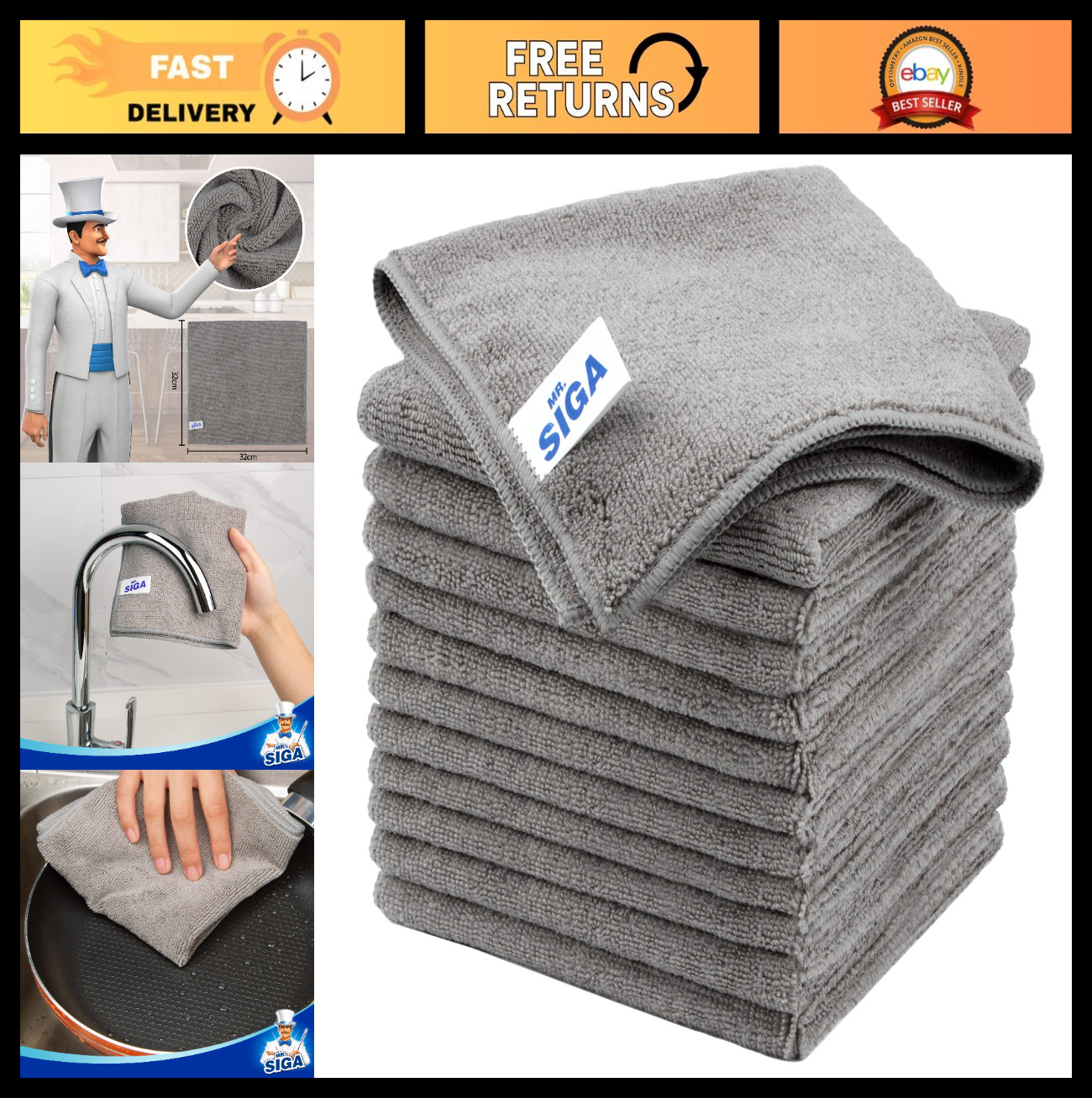 12 Pack Microfiber Cleaning Cloths - Streak Free, Ultra Absorbent, Reusable Towe