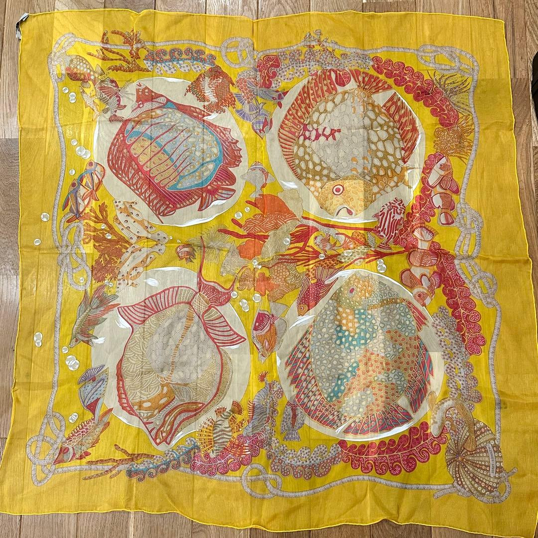 [Rank A] HERMES Carre 90 "GRANDS FONDS" Yellow 100% Silk Chiffon Scarf Japan