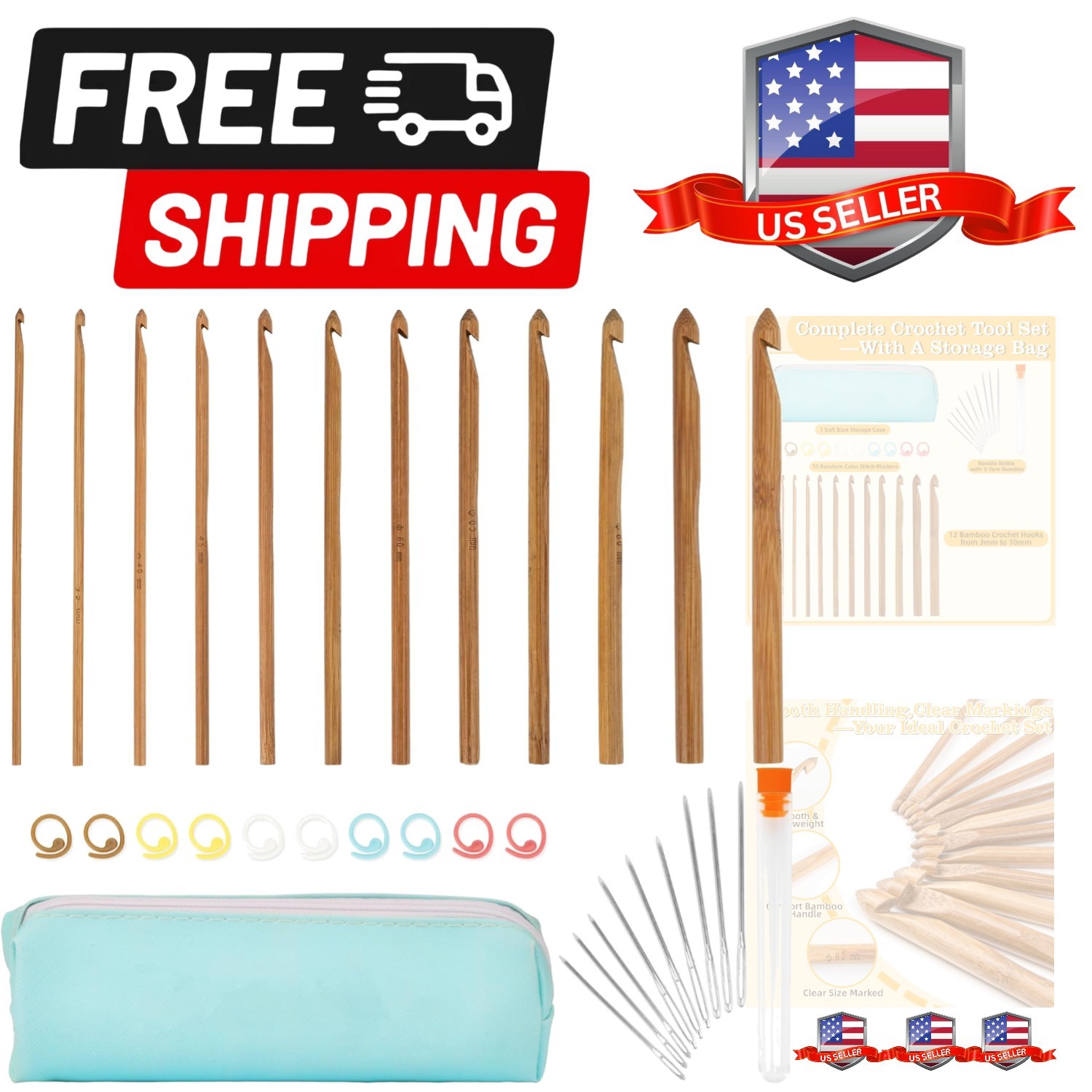 32 Pcs Bamboo Set - Crochet Hook Set Knitting Needles Kit,Including 12 Sizes ...
