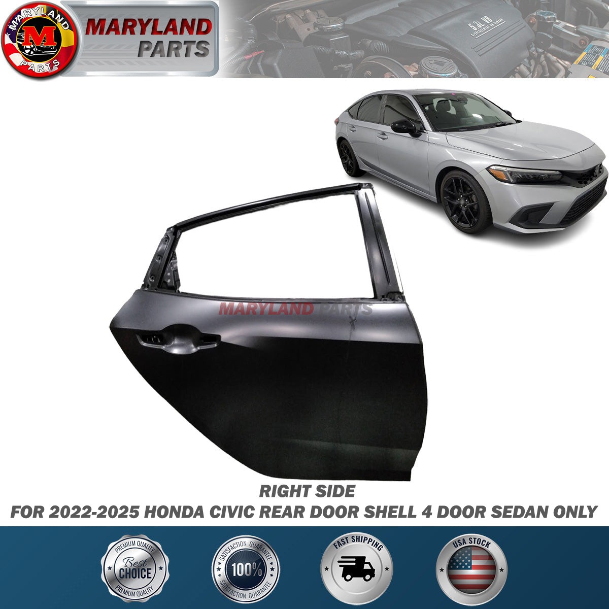 For 2022-2025 Honda Civic Right Rear Door Shell 4 Door Sedan Only