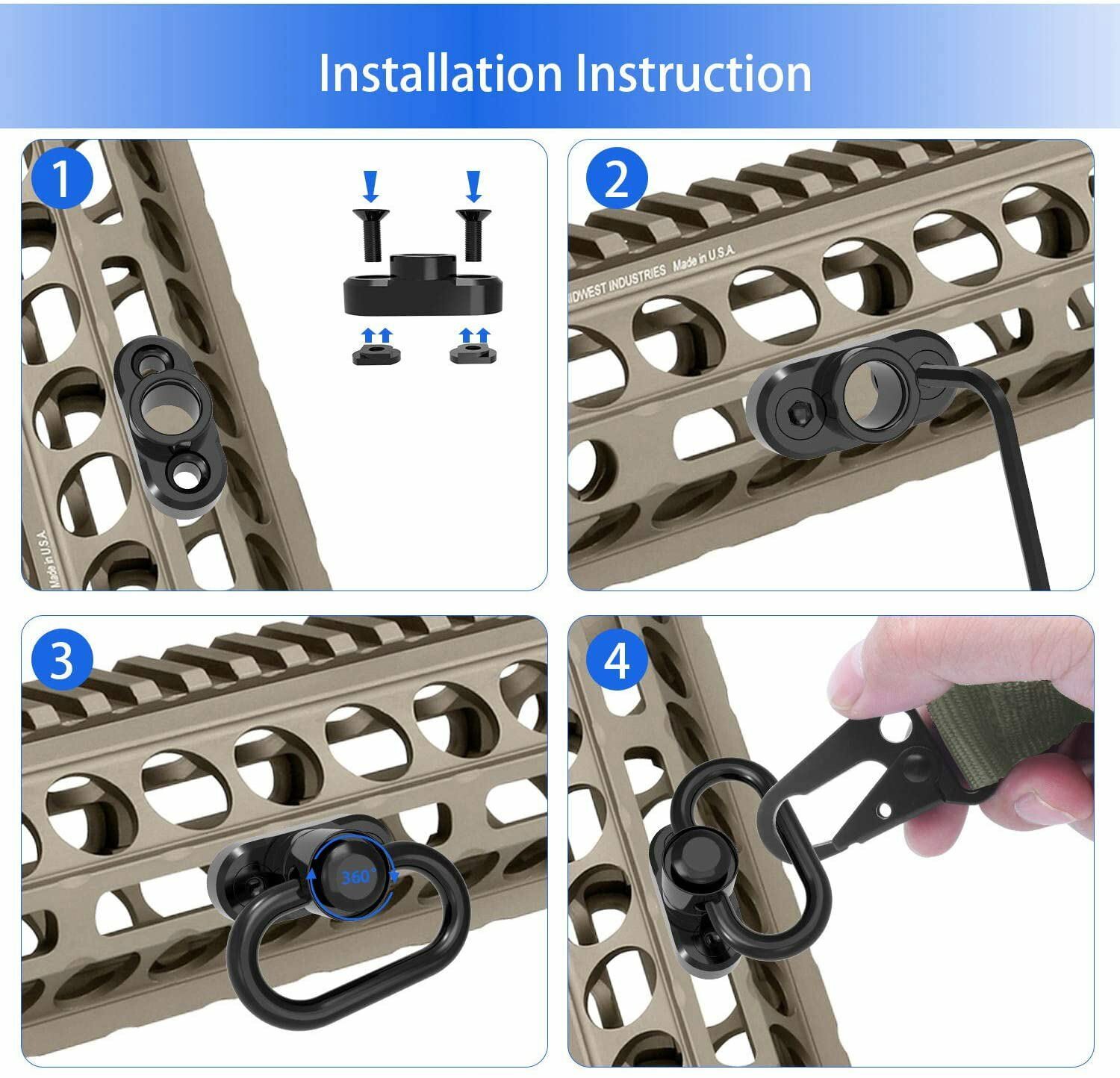 2 Point Sling Adjustable Strap + 2Pcs M-Lok Mlock QD Sling Swivels Quick Mounts