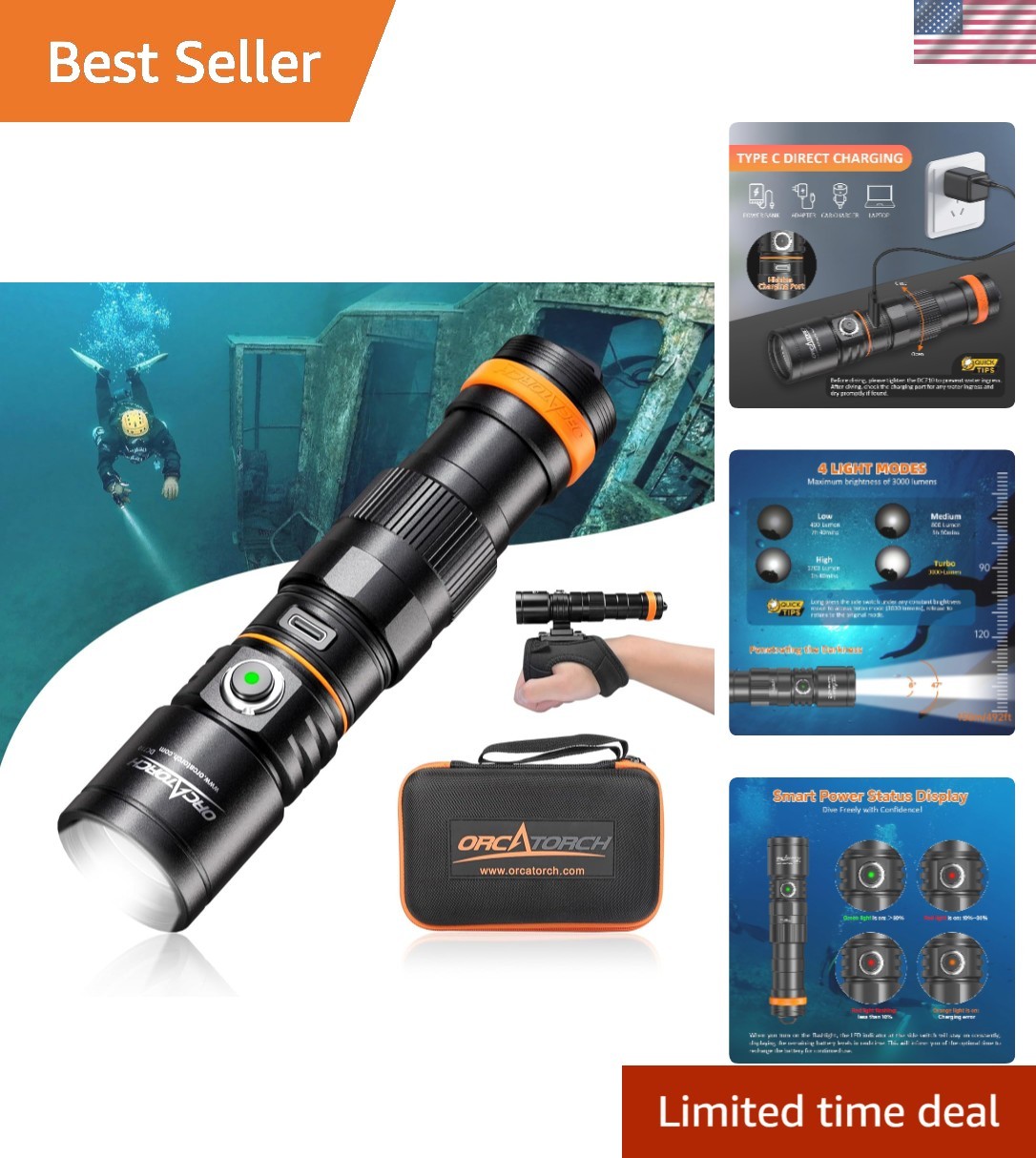 Scuba Dive Light Type C Rechargeable, 3000 Lumens Super Bright Underwater Fla...