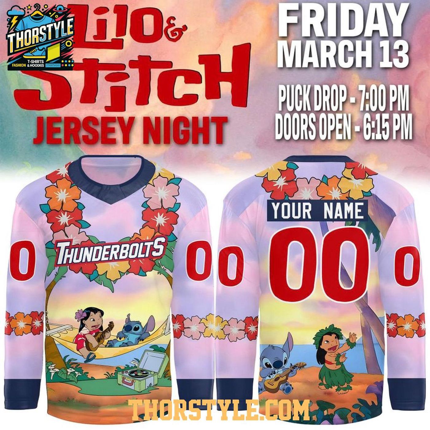 Custom Evansville Thunderbolts 2026 Lilo & Stit.ch Night Of Friends Hockey Shirt