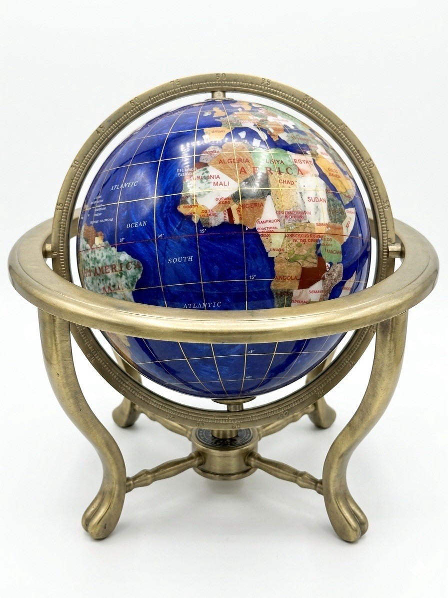 Gemstone Inlay Tabletop World Globe With Brass Frame & Compass 14" Tall