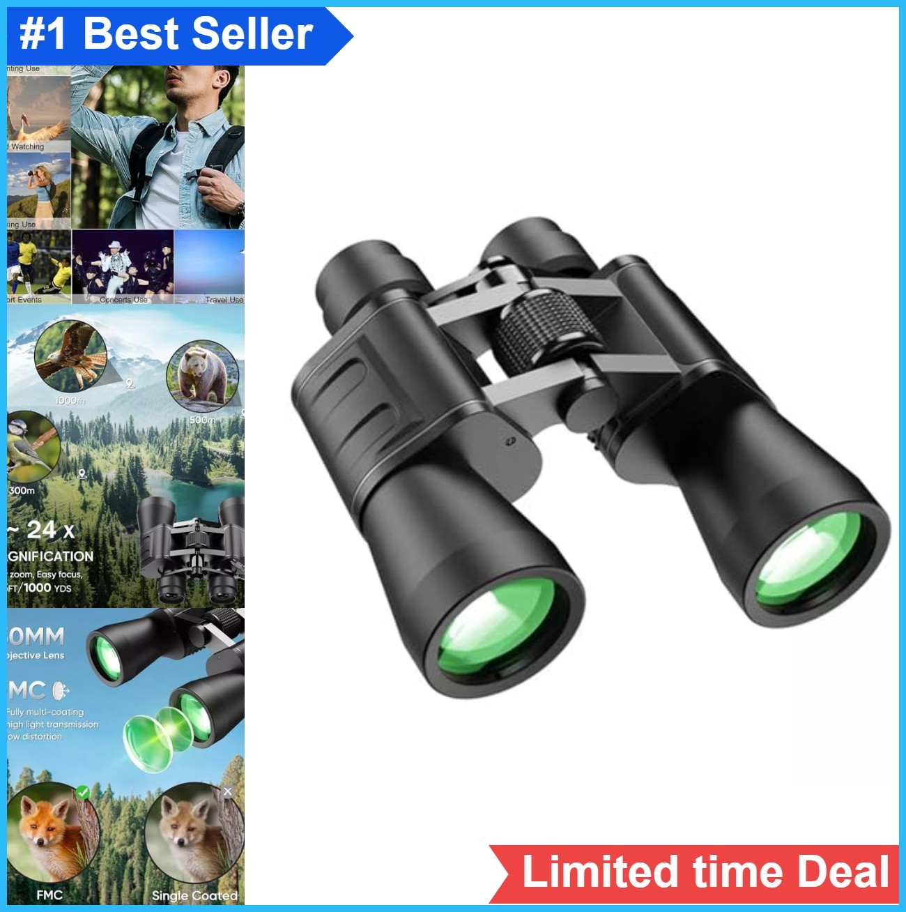 Binoculars 8x24 Zoom 50mm Objective Lens BAK-4 Prism Low Light Night Vision