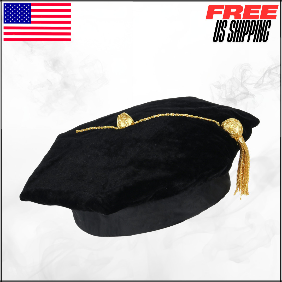 Doctoral Black Tam 6 Sides With Gold Bullion Tassel Unisex One Size Fits Most