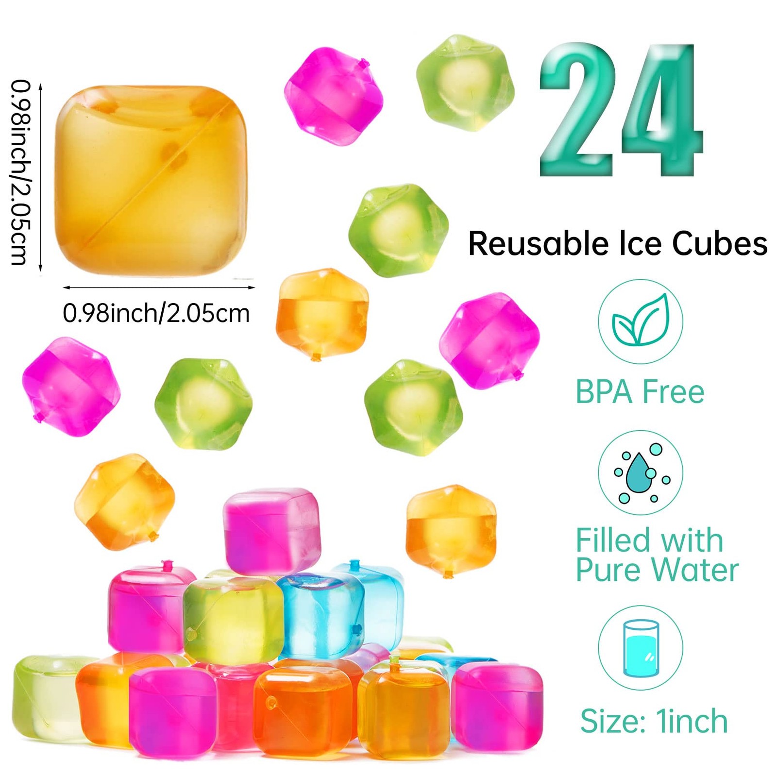 60Pcs Reusable Ice Cubes - Colorful Plastic, Non-Diluting Square Cubes for Dr