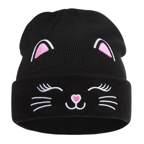 Kids Gils Cat Beanies Cute Embroidery Hats Winter Knitted Embroidered Cat-black