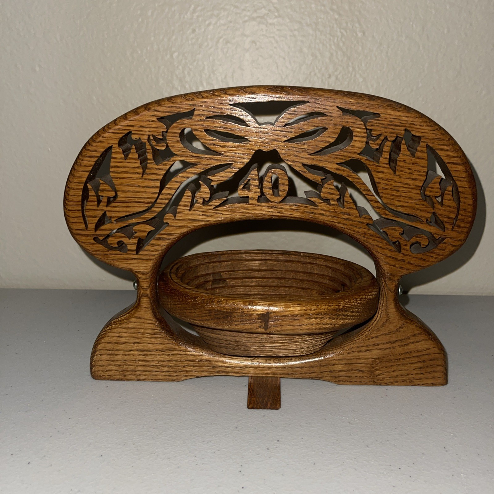 Vintage Bow “40” Ornate Wood Collapsible Bowl Basket Hand Carved