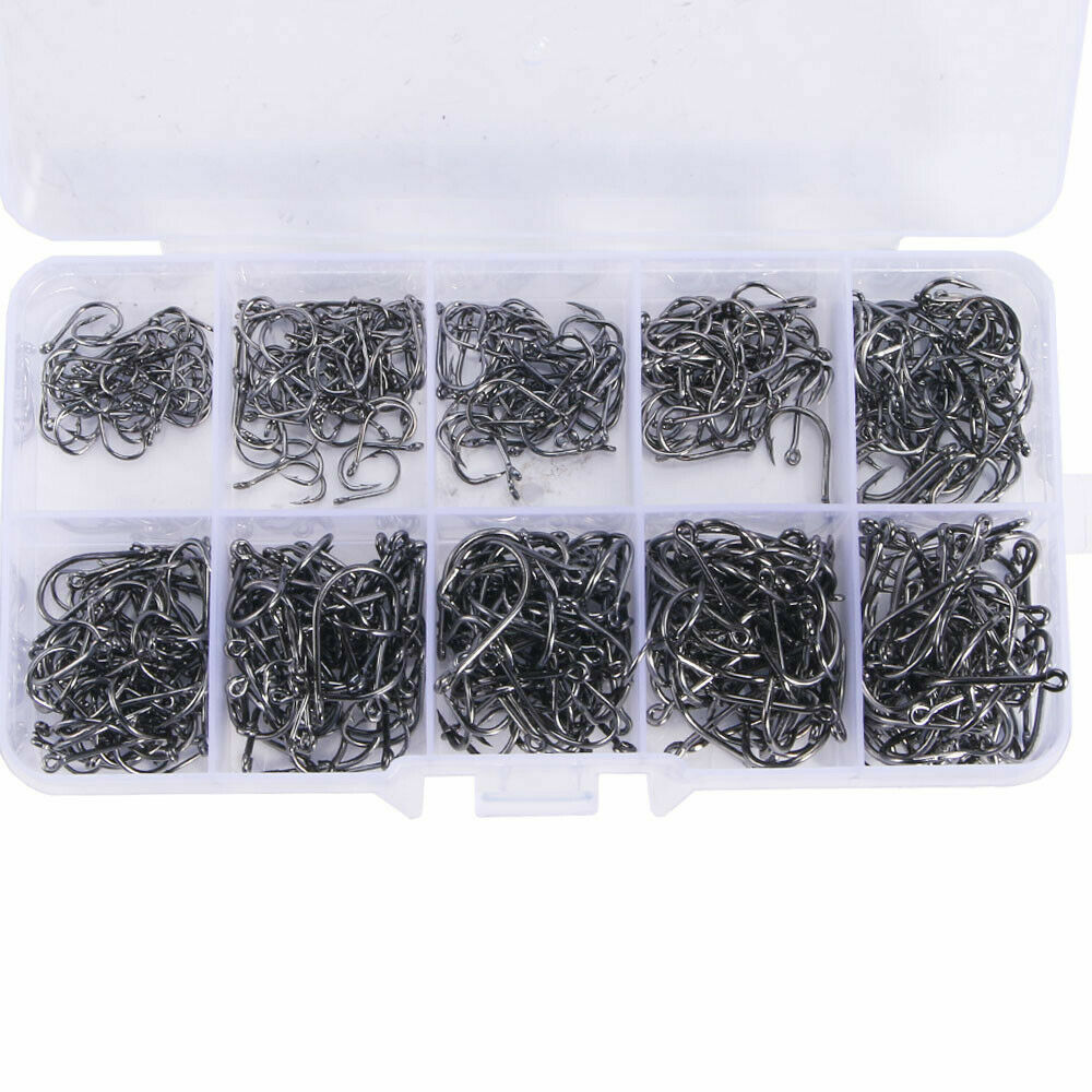 1000pcs Fish Hooks 10 Sizes Fishing Black Silver Sharpened With Box Quality kit