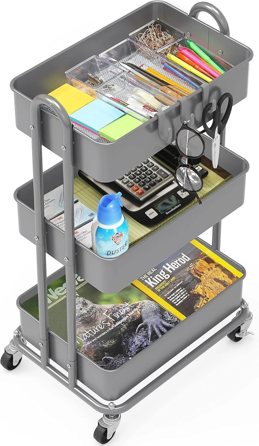 3-Tier Heavy Duty Metal Utility Rolling Cart, Silver